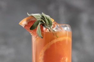 Old Fashioned Paloma with grapefruit wheel and garnish