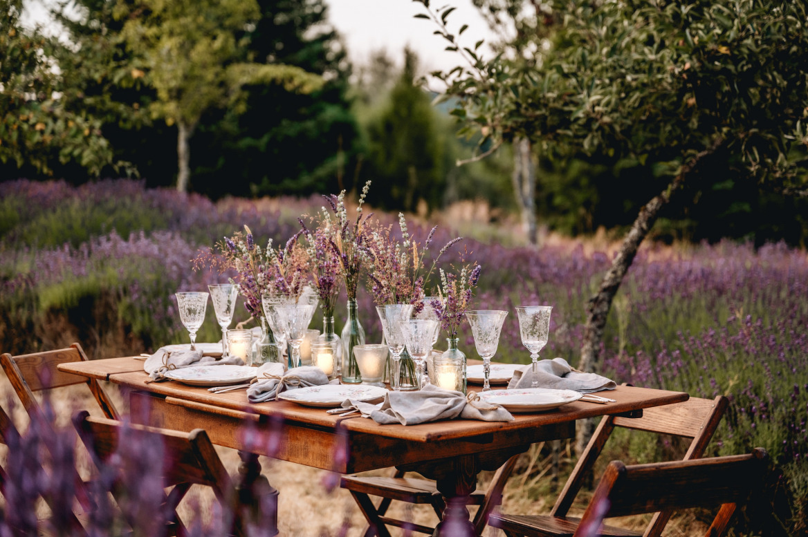 table setting in a lavender field at Kingston House